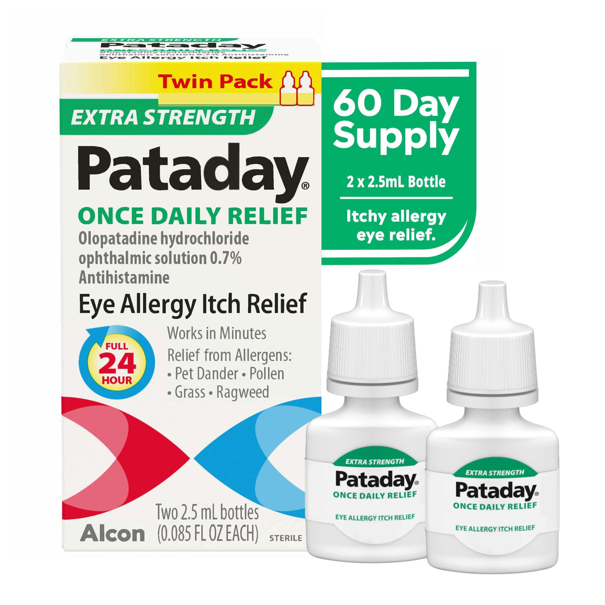 Pataday Once Daily Extra Strength Relief Allergy Eye Drops, 2.5 ml, Twin Pack, Antihistamine Eye Drops with Olopatadine 0.7% for Relief from Eye Allergy Itching, Works Up to 24 Hours - FENGGESTORE20