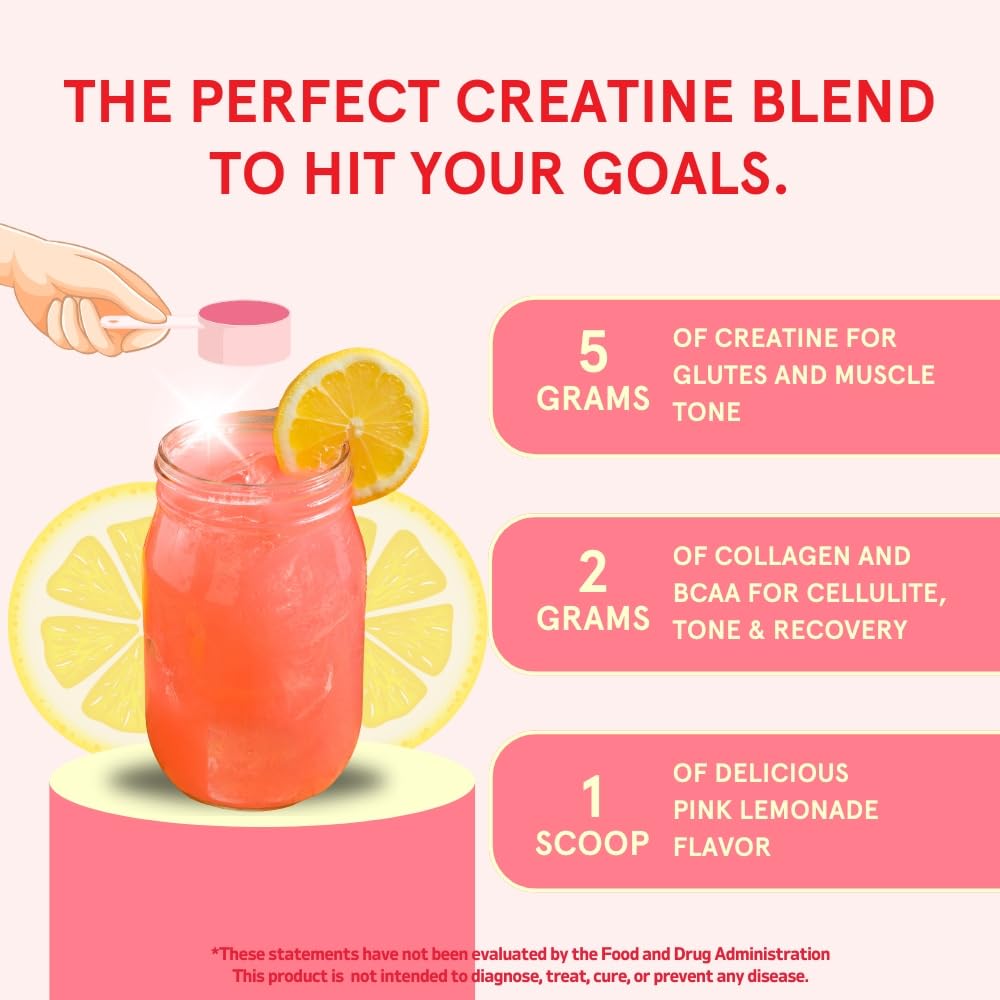 Peach Perfect Creatine Blend for Women – Micronized Creatine Monohydrate with BCAA & Collagen for Glute Strength Support – Pink Lemonade – 30 Servings - FENGGESTORE20