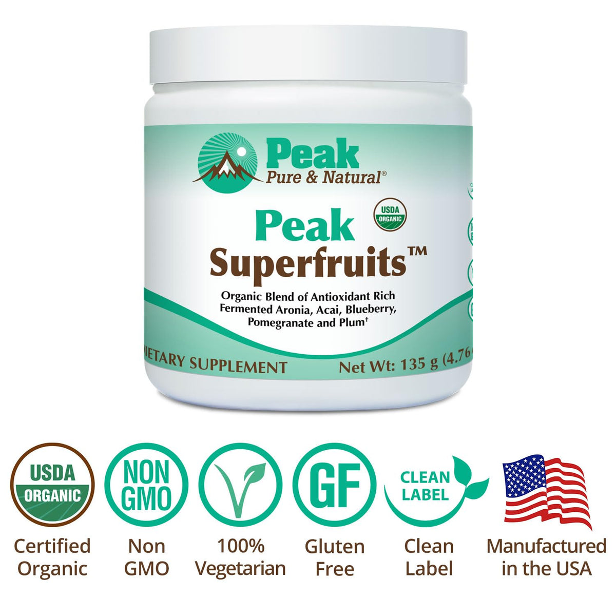 Peak Organic Superfruits - Polyphenol Rich Superfood Powder - Non-GMO Fermented Aronia Berry, Acai, Blueberry, Pomegranate, and Plum - Aging, Metabolic Health, Heart Health (30 Servings) - FENGGESTORE20