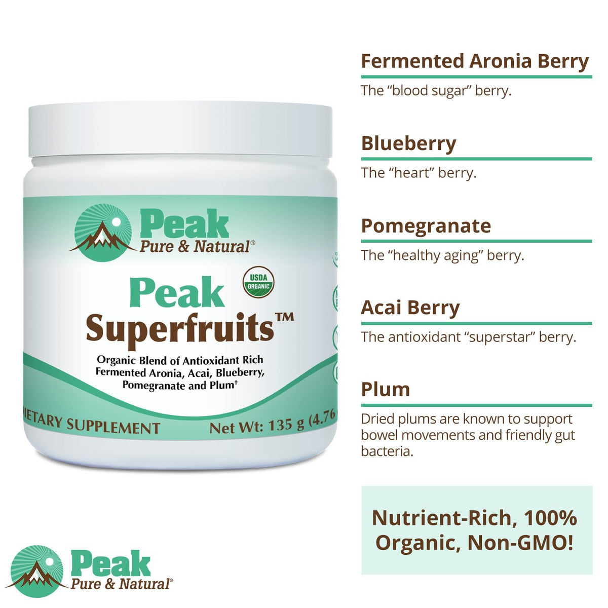 Peak Organic Superfruits - Polyphenol Rich Superfood Powder - Non-GMO Fermented Aronia Berry, Acai, Blueberry, Pomegranate, and Plum - Aging, Metabolic Health, Heart Health (30 Servings) - FENGGESTORE20