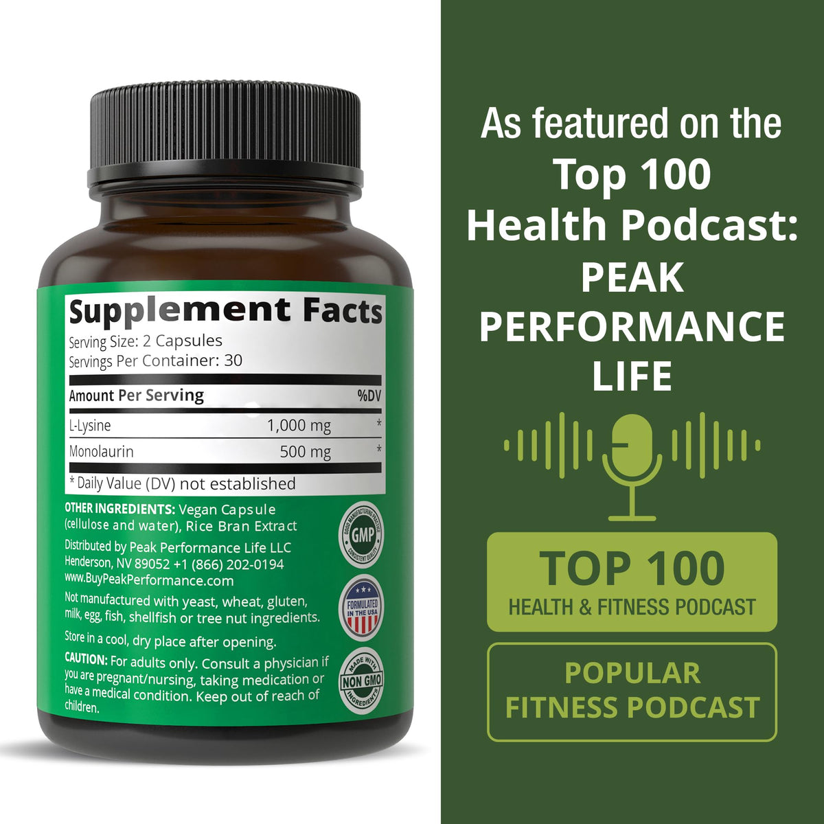 Peak Performance L Lysine 1000mg + Monolaurin 500mg High Potency Supplement for Lips, Skin, & Immune Support - L-Lysine 2-in-1 Bioavailable Supplements - FENGGESTORE20