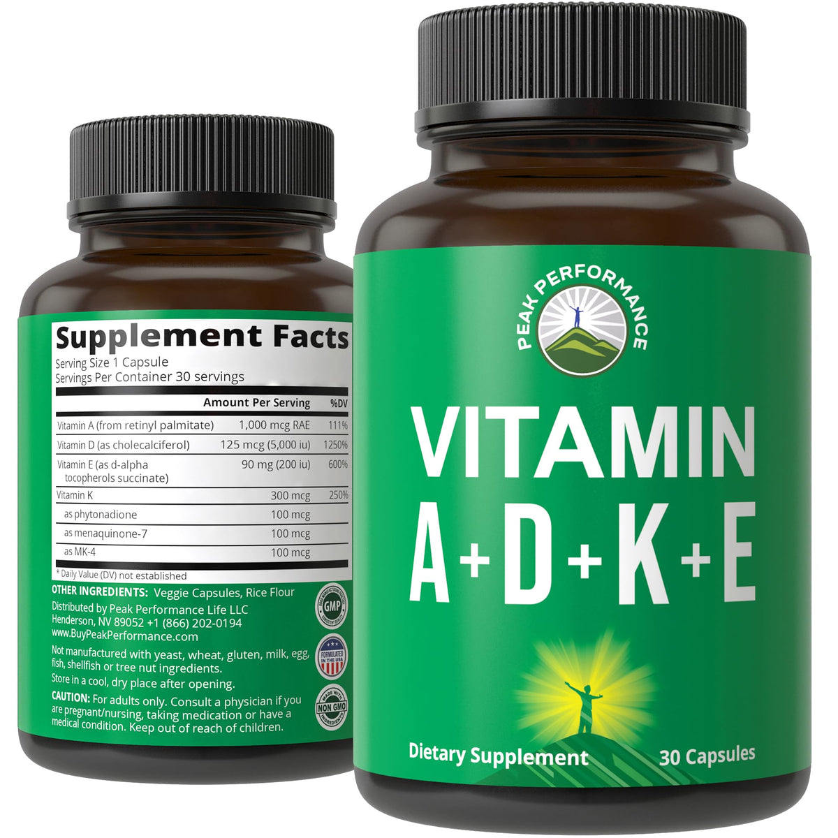 Peak Performance Vitamins D 5,000 iu + A + K + E All in 1 Easy to Swallow Vegan Capsule. ADK Vitamin Supplement with E D3 K2. Essential Vitamins for Mood - FENGGESTORE20