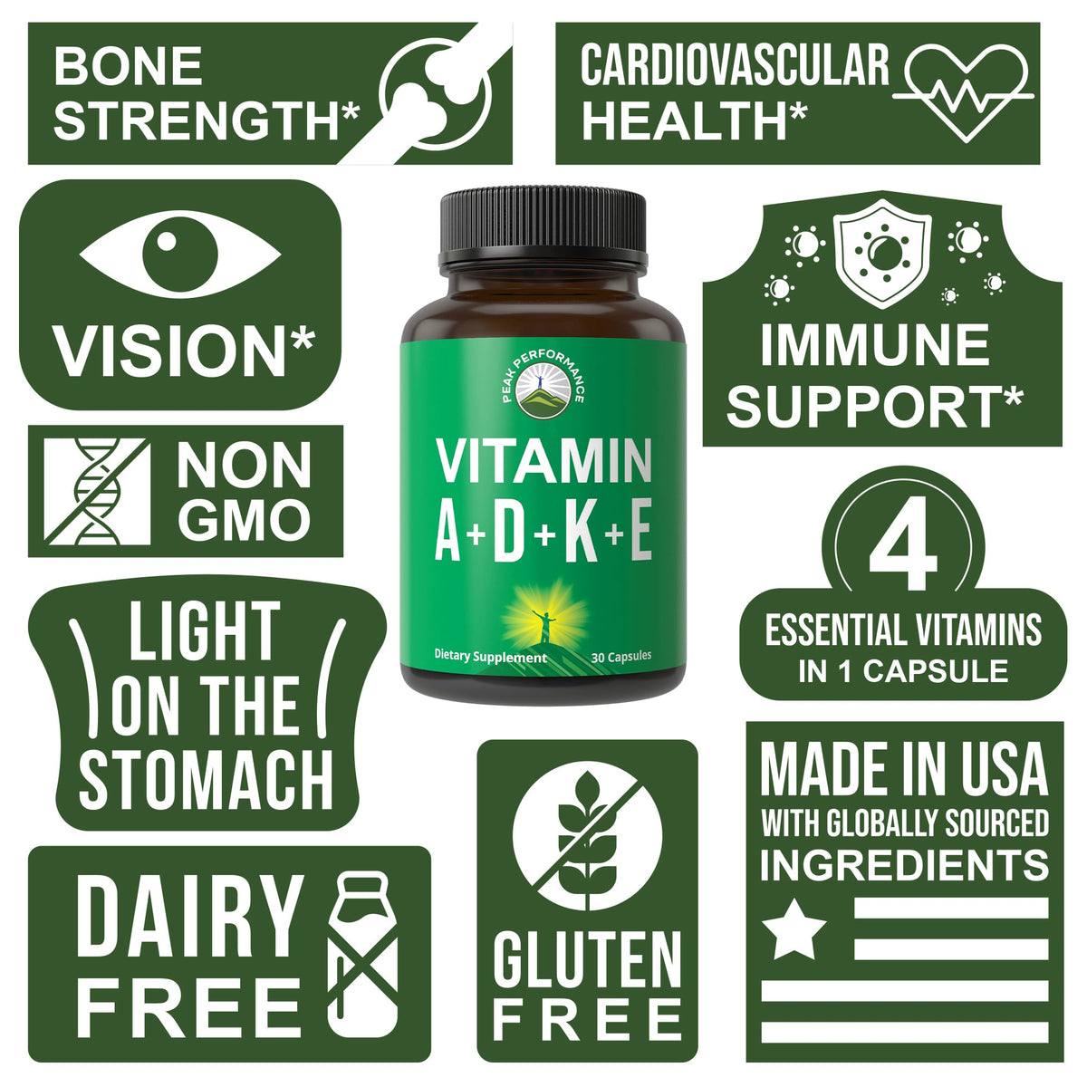 Peak Performance Vitamins D 5,000 iu + A + K + E All in 1 Easy to Swallow Vegan Capsule. ADK Vitamin Supplement with E D3 K2. Essential Vitamins for Mood - FENGGESTORE20