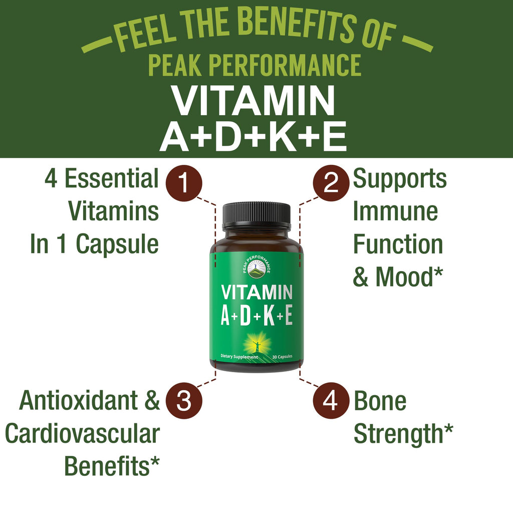 Peak Performance Vitamins D 5,000 iu + A + K + E All in 1 Easy to Swallow Vegan Capsule. ADK Vitamin Supplement with E D3 K2. Essential Vitamins for Mood - FENGGESTORE20