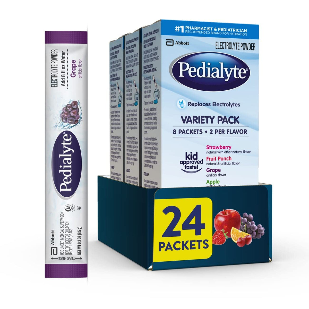Pedialyte Electrolyte Powder, Hydration Drink for Kids & Adults, Variety Pack: Strawberry, Fruit Punch, Grape, and Apple, 24 Powder Packets - FENGGESTORE20