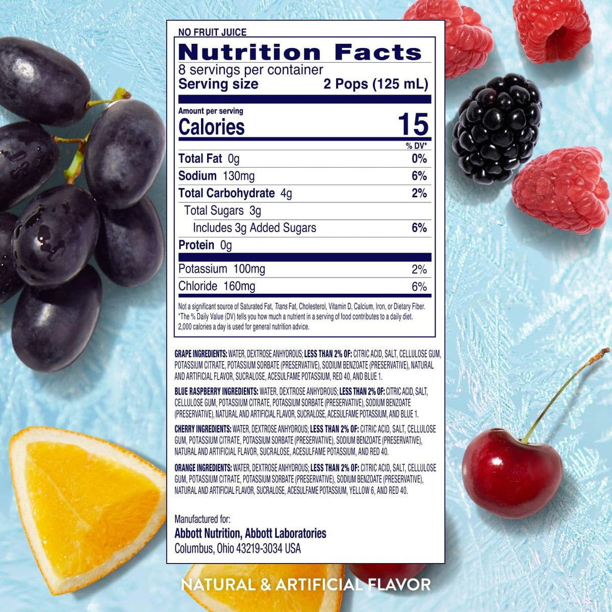 Pedialyte Electrolyte Solution Freezer Pops, Hydration Variety Pack— Grape, Blue Raspberry, Cherry, Orange, Pack of 64 - FENGGESTORE20