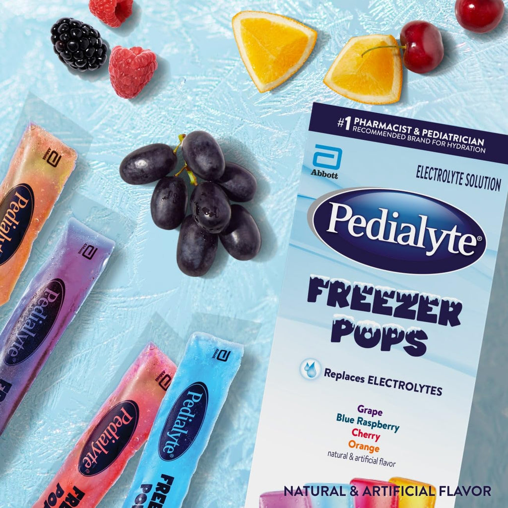 Pedialyte Electrolyte Solution Freezer Pops, Hydration Variety Pack— Grape, Blue Raspberry, Cherry, Orange, Pack of 64 - FENGGESTORE20