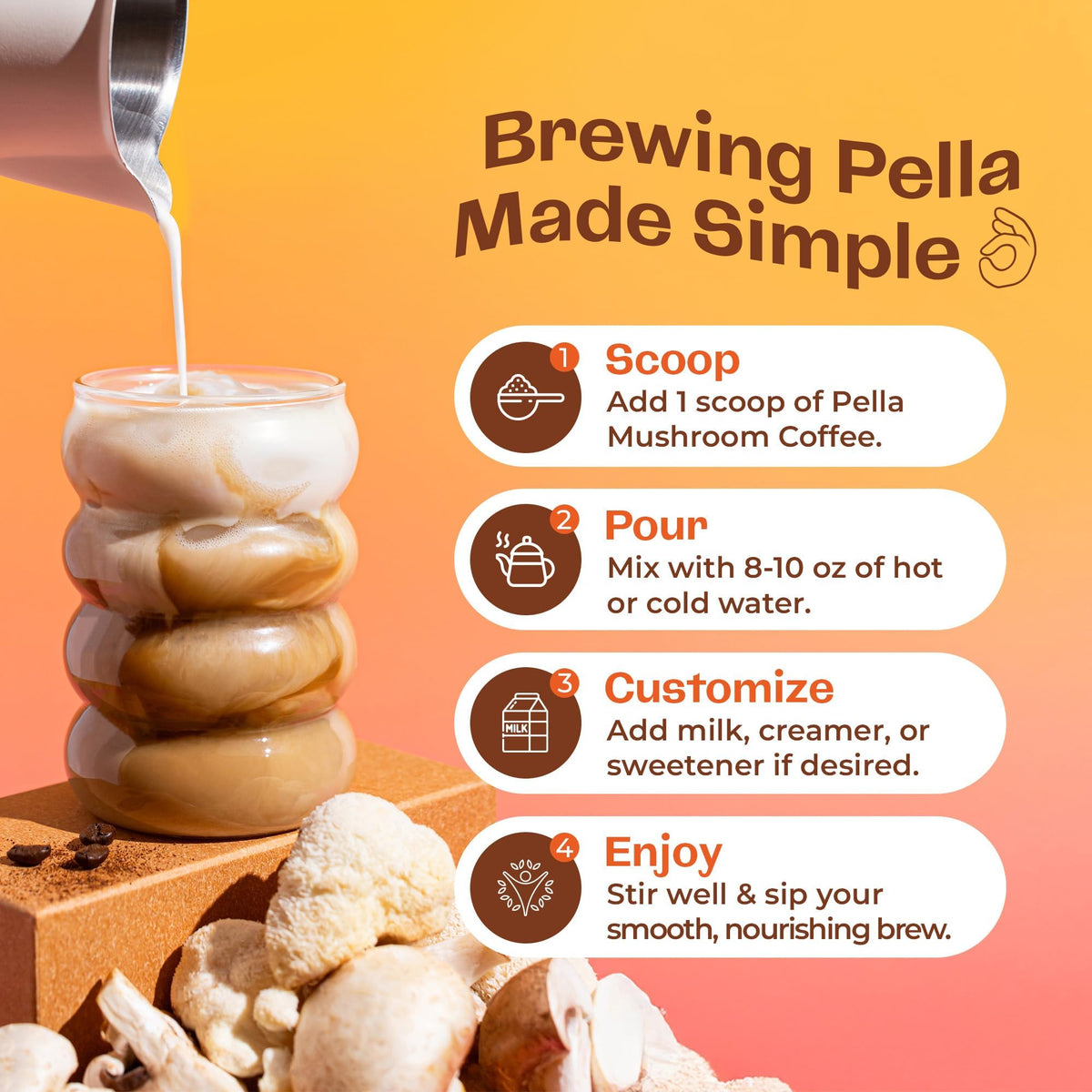 Pella Nutrition Mushroom Coffee – Lions Mane, Reishi, Chaga, Cordyceps, Shiitake, Maitake, and Turkey Tail Mushroom Supplement – Superfood Instant - FENGGESTORE20