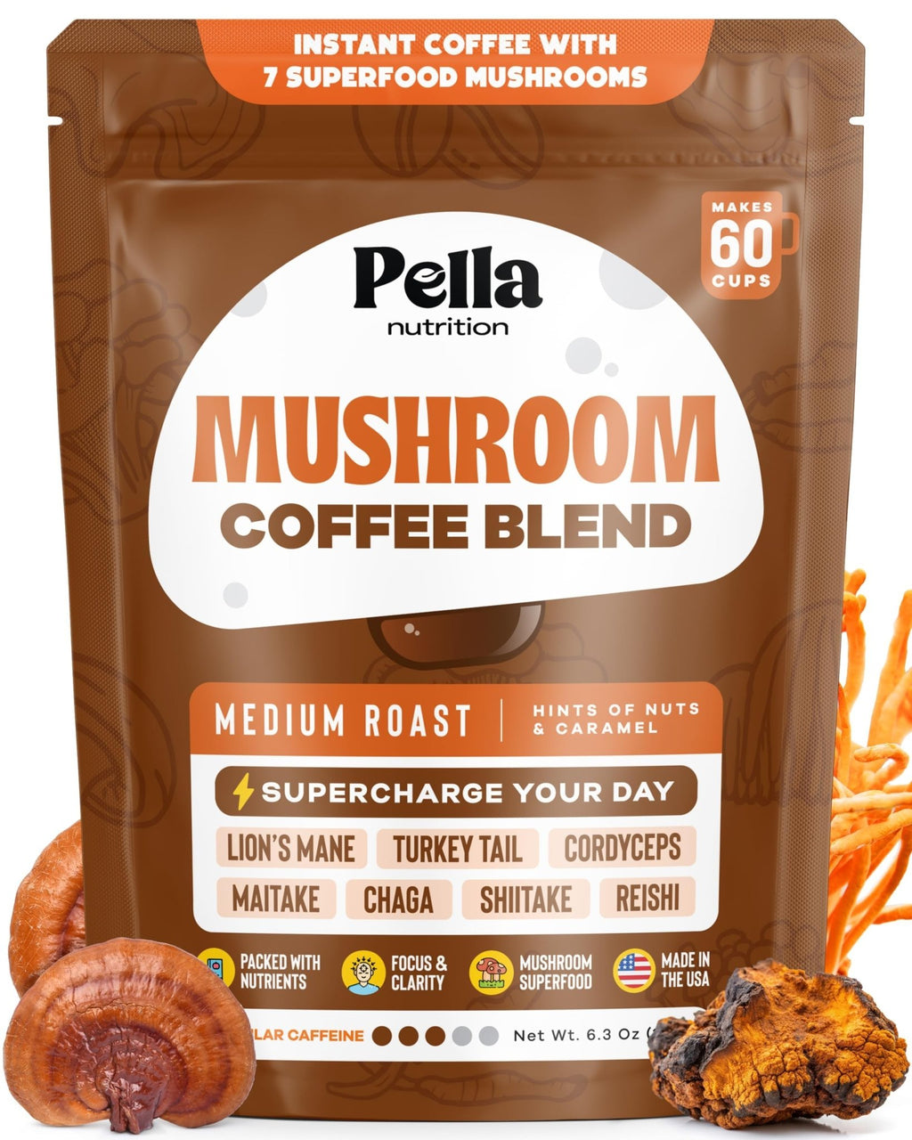 Pella Nutrition Mushroom Coffee – Lions Mane, Reishi, Chaga, Cordyceps, Shiitake, Maitake, and Turkey Tail Mushroom Supplement – Superfood Instant - FENGGESTORE20