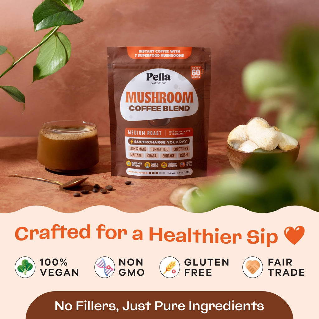 Pella Nutrition Mushroom Coffee – Lions Mane, Reishi, Chaga, Cordyceps, Shiitake, Maitake, and Turkey Tail Mushroom Supplement – Superfood Instant - FENGGESTORE20