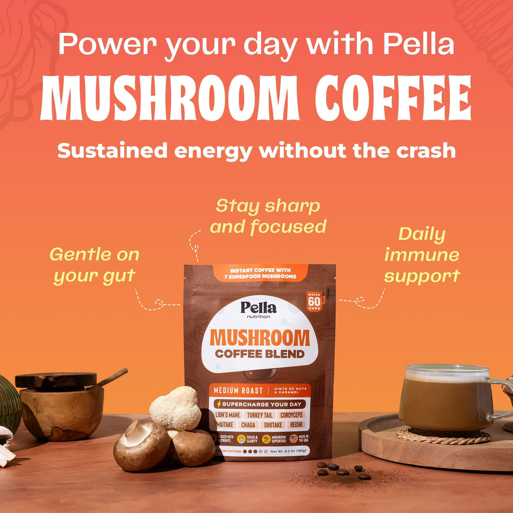 Pella Nutrition Mushroom Coffee – Lions Mane, Reishi, Chaga, Cordyceps, Shiitake, Maitake, and Turkey Tail Mushroom Supplement – Superfood Instant - FENGGESTORE20