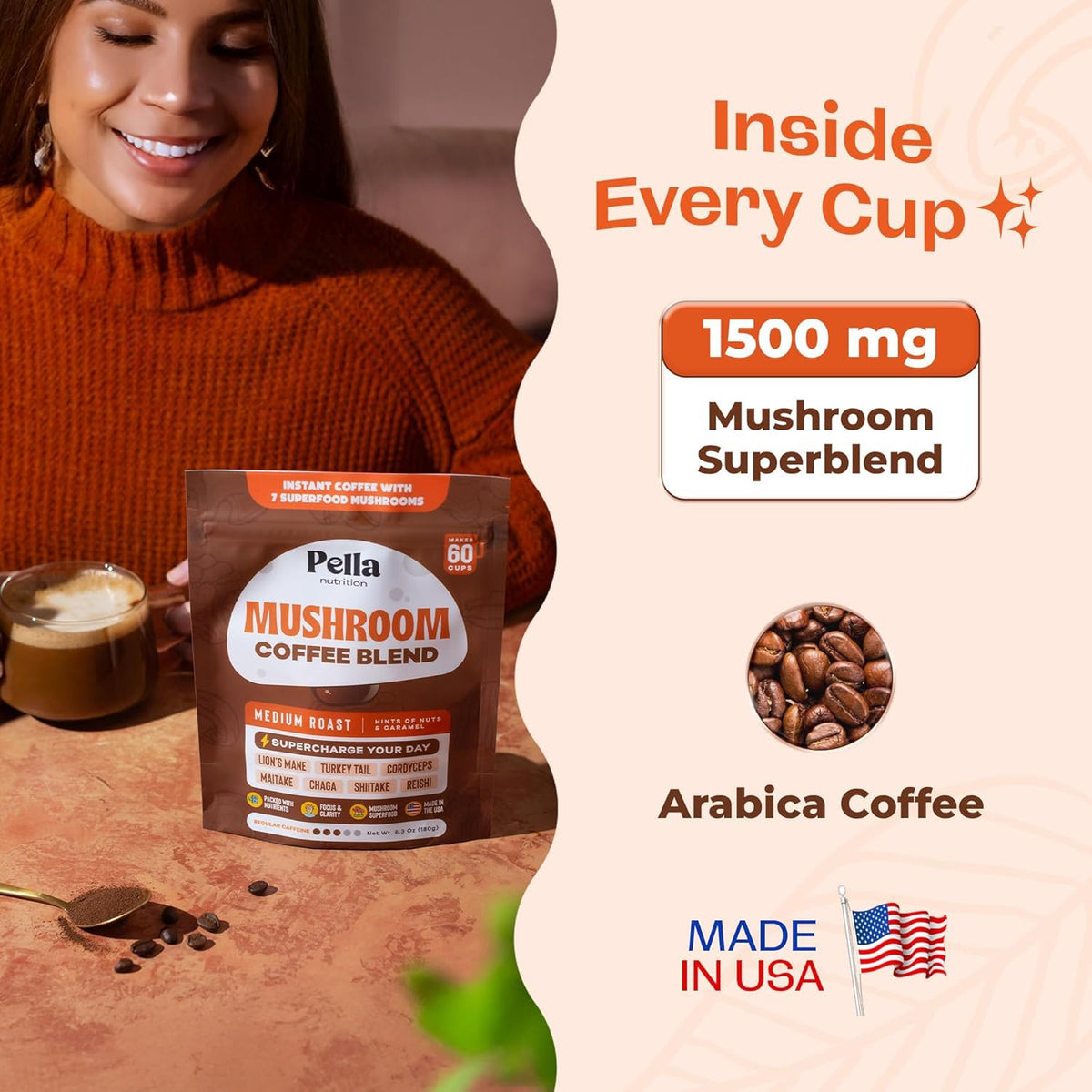Pella Nutrition Mushroom Coffee – Lions Mane, Reishi, Chaga, Cordyceps, Shiitake, Maitake, and Turkey Tail Mushroom Supplement – Superfood Instant - FENGGESTORE20