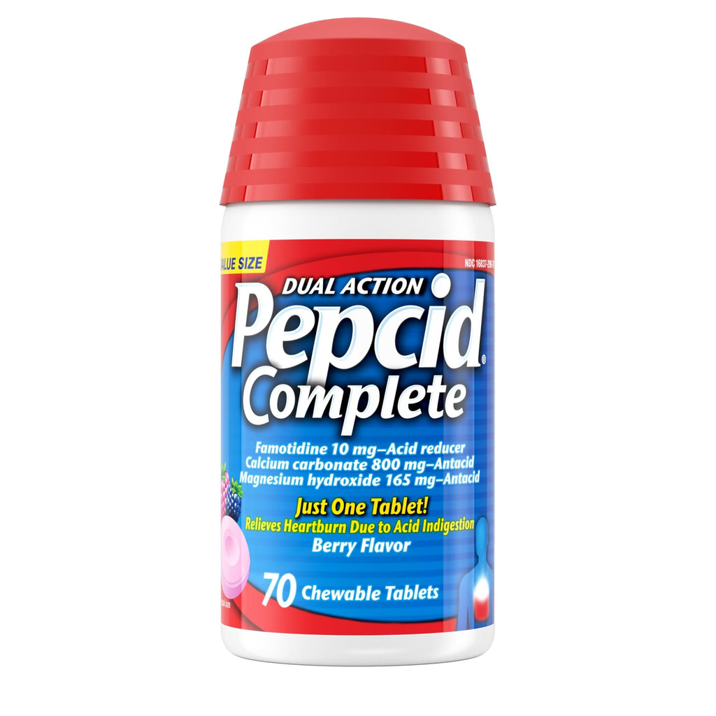 Pepcid Complete Acid Reducer + Antacid Chewable Tablets, 10mg Famotidine, 800mg Calcium Carbonate & 165mg Magnesium Hydroxide per Heartburn Medicine Tablet, Antacid Chews, Berry Flavored, 70 ct - FENGGESTORE20
