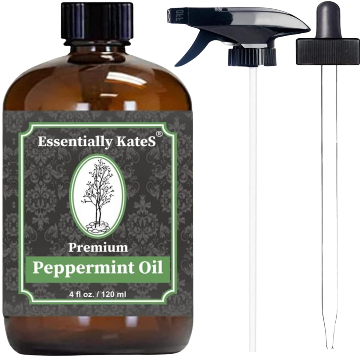 Peppermint Essential Oil 4 oz. with Huge Glass Bottle, Glass Dropper, and Sprayer. Detailed User's Guide E-Book - FENGGESTORE20
