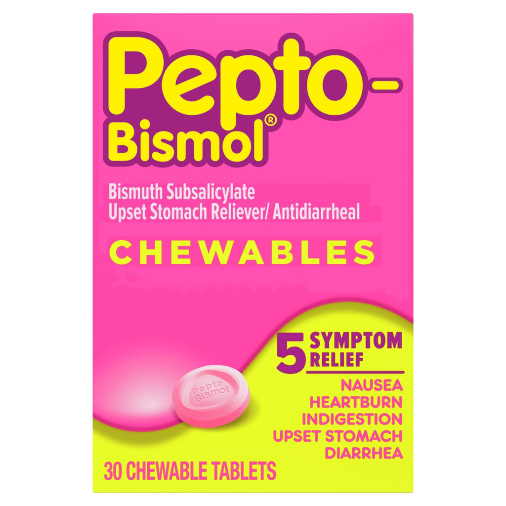 Pepto Bismol Chewable Tablets, Upset Stomach Relief, Nausea Relief, Heartburn Relief, Indigestion Relief, Anti Diarrhea Medication for Adults - 5 Symptom Relief, 30 ct - FENGGESTORE20