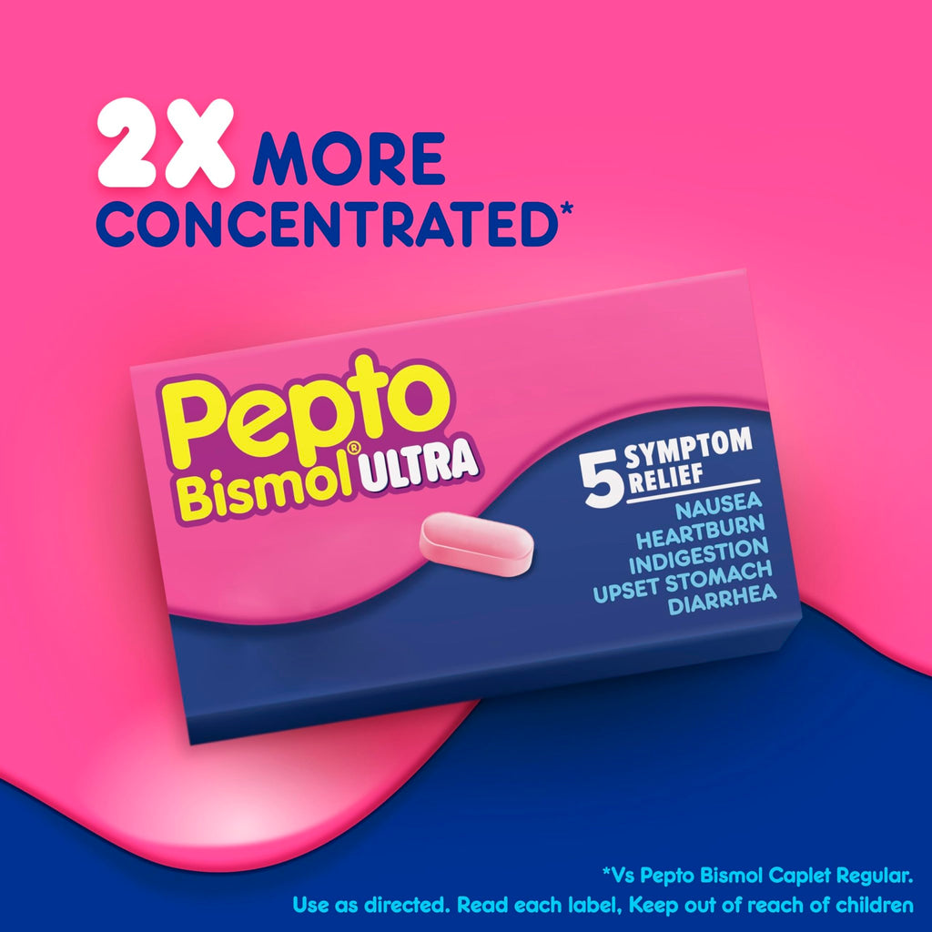 Pepto Bismol ULTRA Caplets, Upset Stomach Relief, Nausea Relief, Heartburn Relief, Indigestion Relief, Anti Diarrhea Medication for Adults - 5 Symptom Relief, 24 ct - FENGGESTORE20