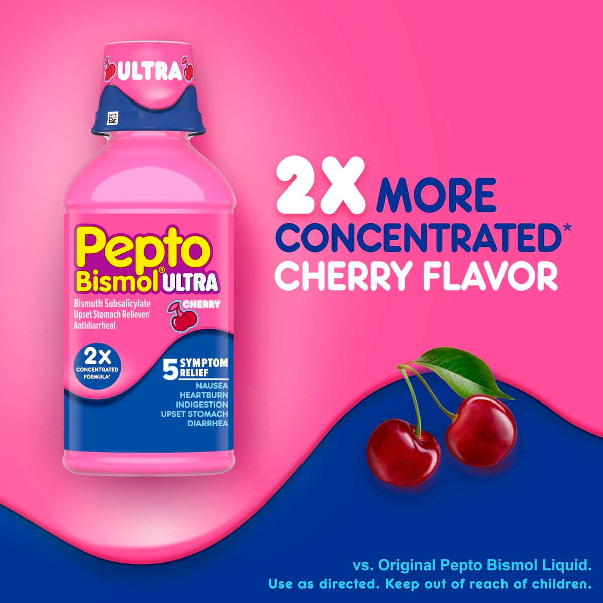 Pepto Bismol ULTRA Liquid for Nausea, Heartburn, Indigestion, Upset Stomach, and Diarrhea - 5 Symptom Fast Relief Medication for Adults, Cherry Flavor, 2x16 oz - FENGGESTORE20