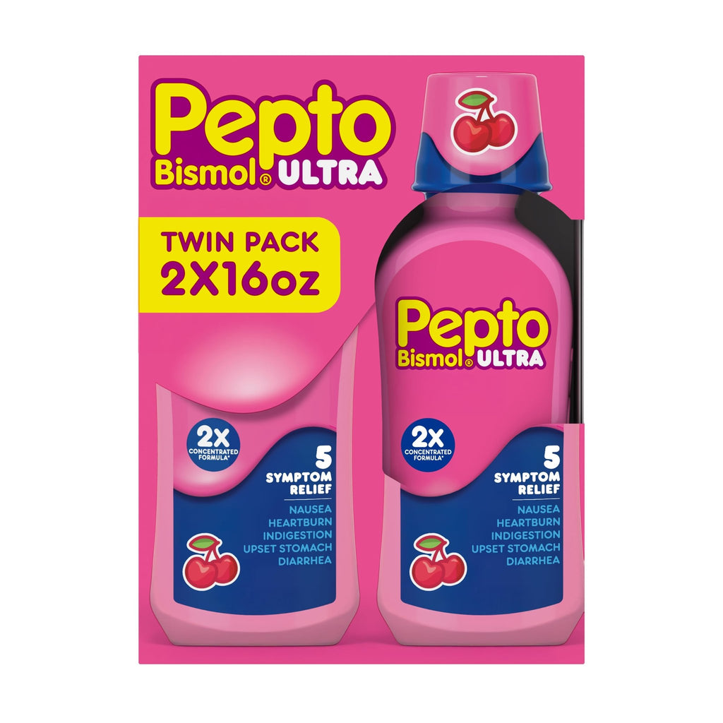 Pepto Bismol ULTRA Liquid for Nausea, Heartburn, Indigestion, Upset Stomach, and Diarrhea - 5 Symptom Fast Relief Medication for Adults, Cherry Flavor, 2x16 oz - FENGGESTORE20