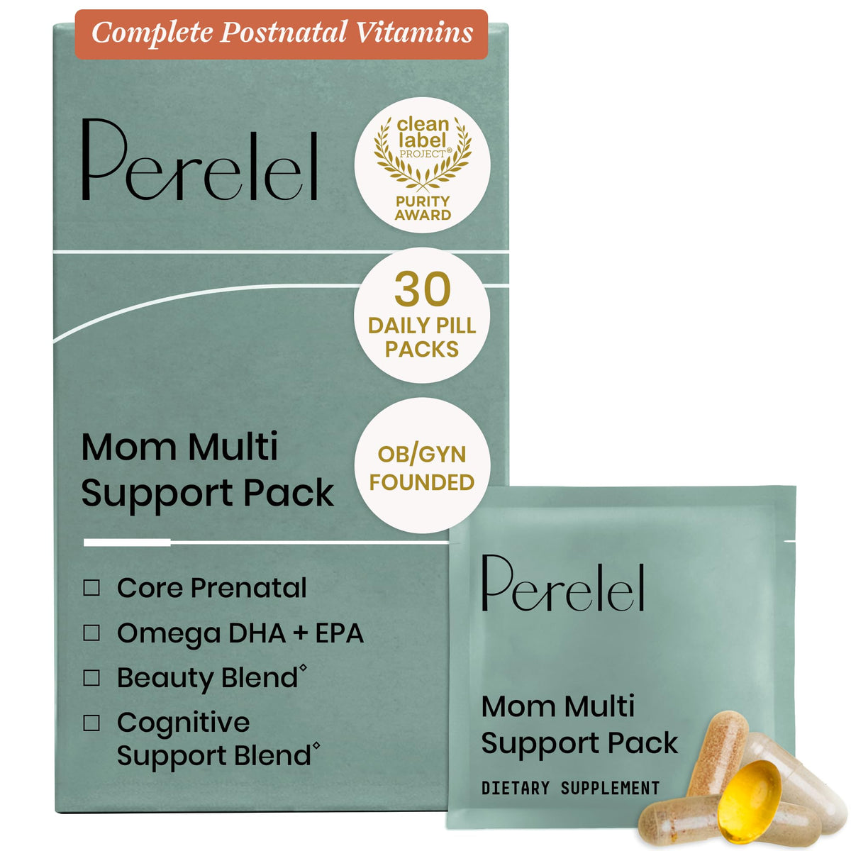 Perelel Mom Multi Support Pack, Postnatal Vitamins for Women with Omega 3 Dha, Iron, Collagen, & Vitamin B12 to Support Postpartum Health - FENGGESTORE20