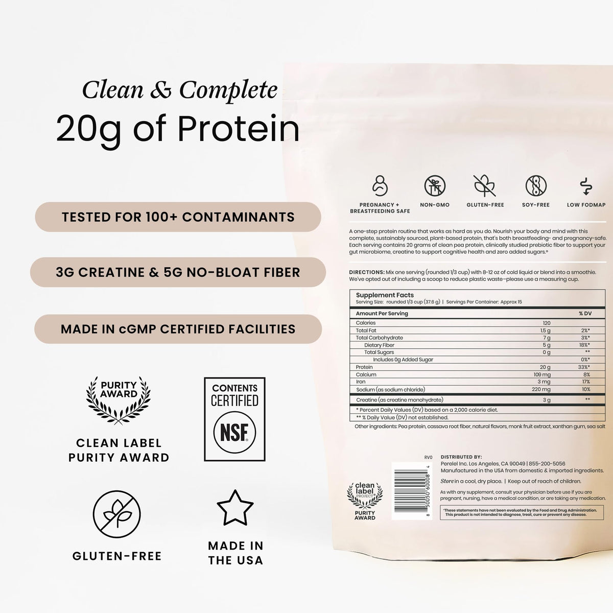 Perelel Triple-Support Plant Based Protein Powder, Creamy Vanilla, 20g Vegan Protein Powder, 3g Creatine Monohydrate, & 5g Prebiotic Fiber per Serving, Dairy Free, - FENGGESTORE20