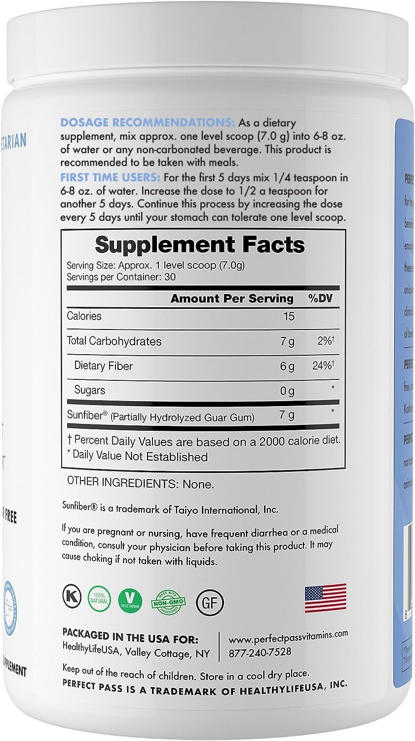 PERFECT PASS Prebiotic PHGG Partially Hydrolyzed Guar Gum 210g Powder - 100% Natural Gluten Free Non GMO - Certified Kosher Vegetarian Sugar Free - FENGGESTORE20