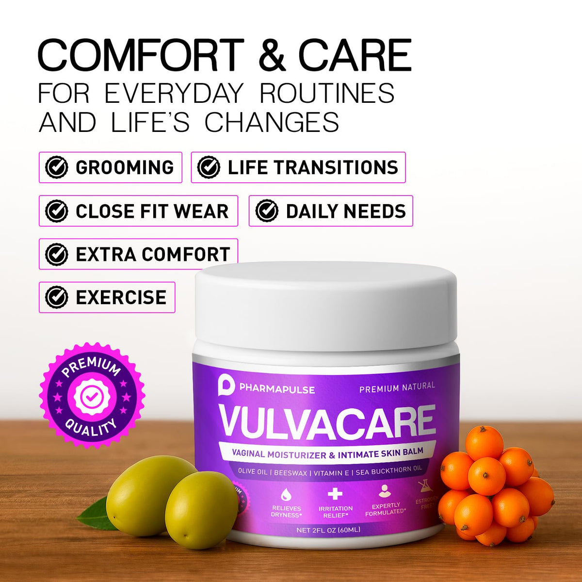Pharmapulse Vaginal Moisturizer, Vulva Balm Cream, Intimate Skin Care, Menopause Support - Relieves Dryness, Itching, Burning, Redness, Chafing, Odor, Irritation - Estrogen Free 2oz - FENGGESTORE20