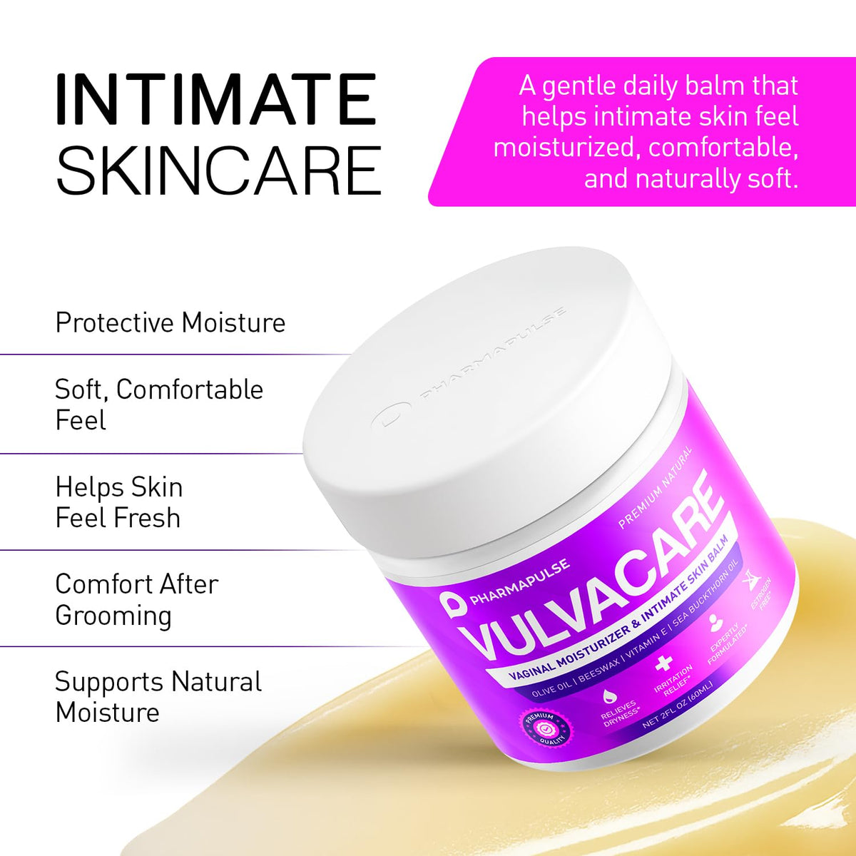 Pharmapulse Vaginal Moisturizer, Vulva Balm Cream, Intimate Skin Care, Menopause Support - Relieves Dryness, Itching, Burning, Redness, Chafing, Odor, Irritation - Estrogen Free 2oz - FENGGESTORE20