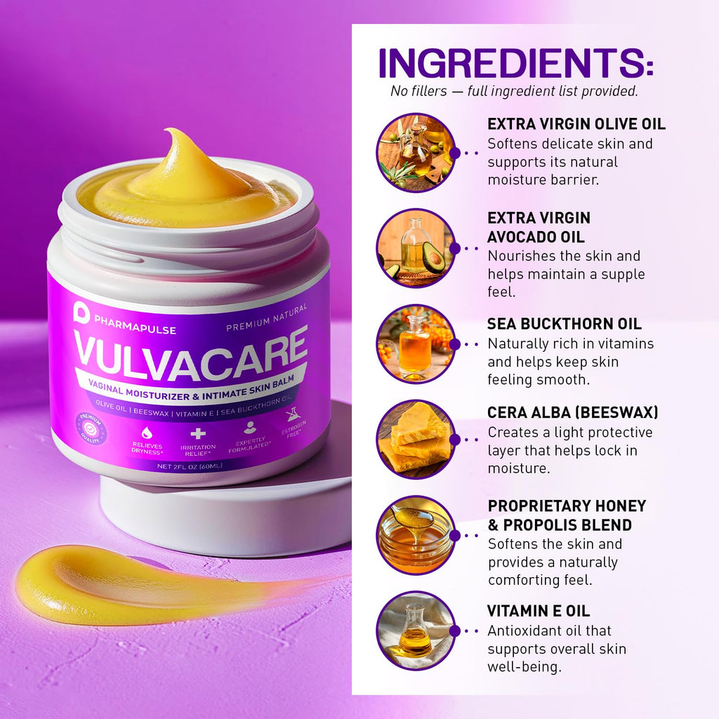 Pharmapulse Vaginal Moisturizer, Vulva Balm Cream, Intimate Skin Care, Menopause Support - Relieves Dryness, Itching, Burning, Redness, Chafing, Odor, Irritation - Estrogen Free 2oz - FENGGESTORE20
