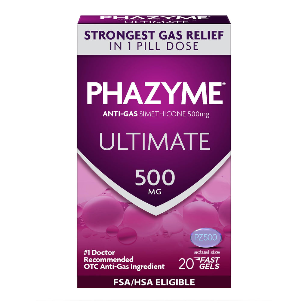 Phazyme Ultimate Strength Anti-Gas 500 mg Simethicone Gas Relief for Adults, Fast Gels Quickly Ease Bloating, Pressure and Discomfort, 20 Count - FENGGESTORE20
