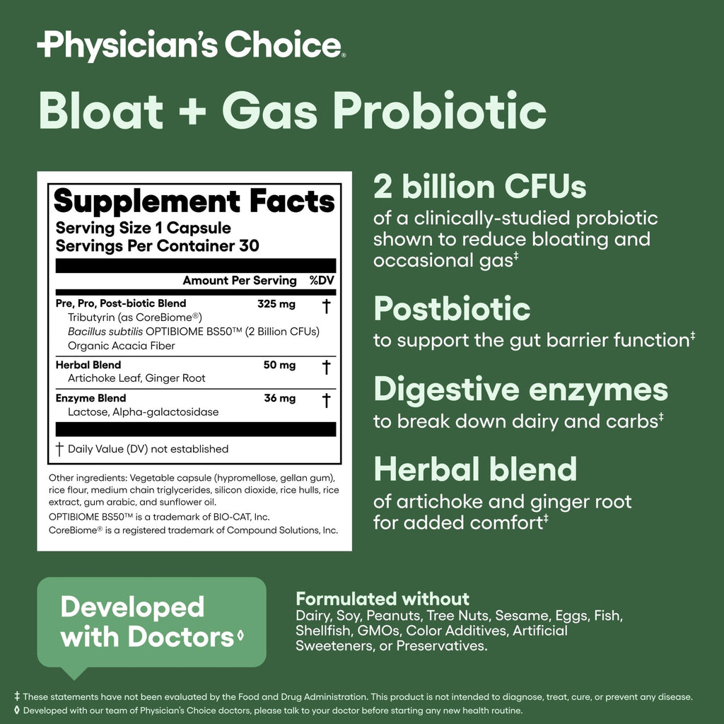 Physician's CHOICE Bloat & Gas Probiotic 5-in-1 Proactive Support + Daily Relief - Digestion & Gut Health- Herbals, Digestive Enzymes, Post & Prebiotics - FENGGESTORE20