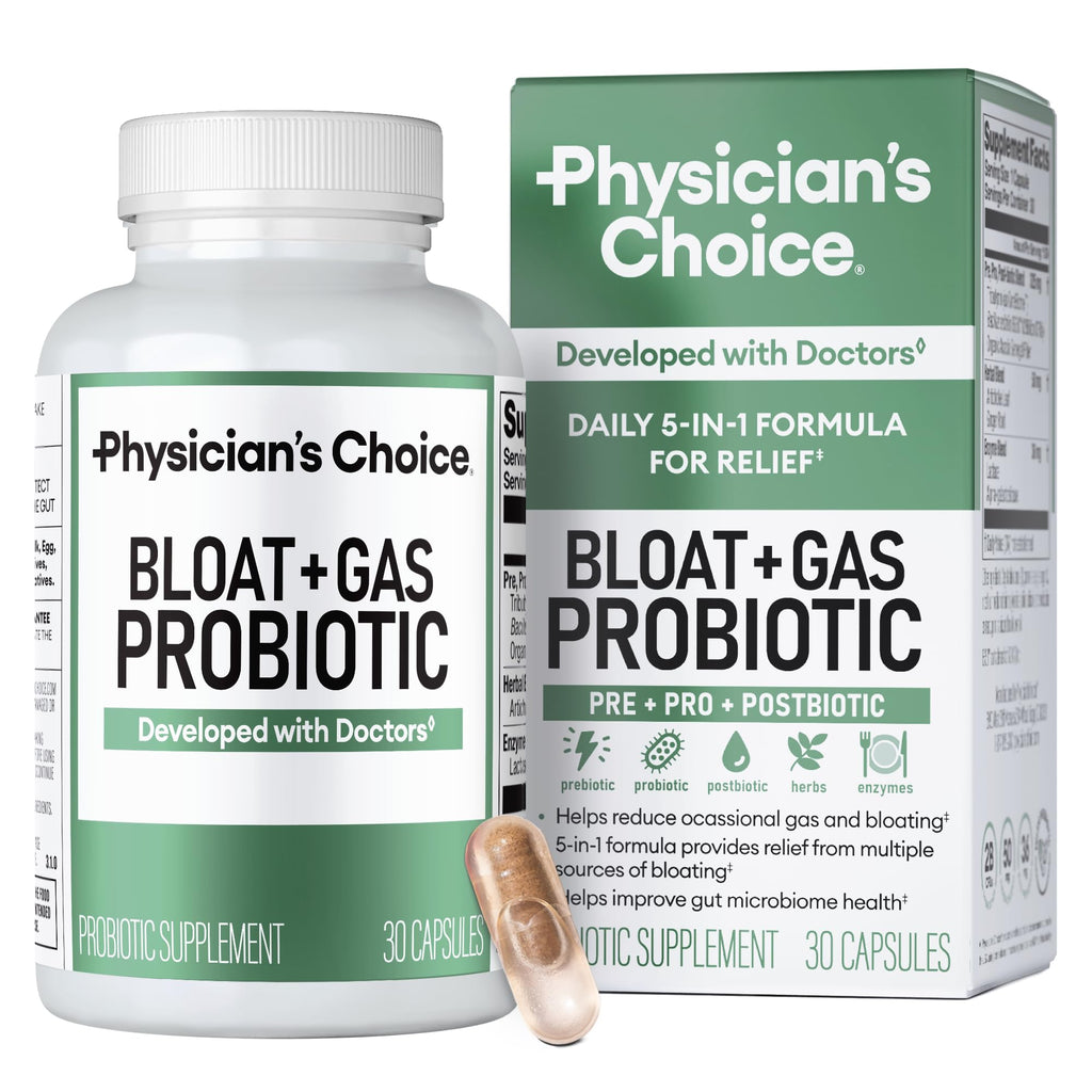 Physician's CHOICE Bloat & Gas Probiotic 5-in-1 Proactive Support + Daily Relief - Digestion & Gut Health- Herbals, Digestive Enzymes, Post & Prebiotics - FENGGESTORE20