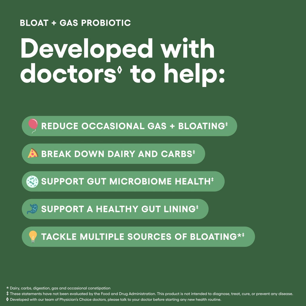 Physician's CHOICE Bloat & Gas Probiotic 5-in-1 Proactive Support + Daily Relief - Digestion & Gut Health- Herbals, Digestive Enzymes, Post & Prebiotics - FENGGESTORE20