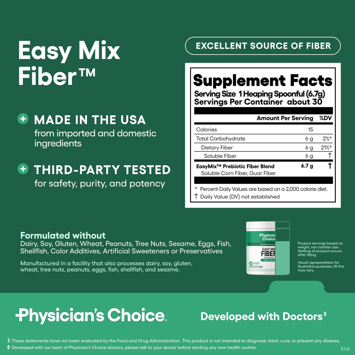 Physician's CHOICE Easy Mix Fiber for Digestive Health & Regularity - No Grit, Sugar Free, & Tasteless - FENGGESTORE20