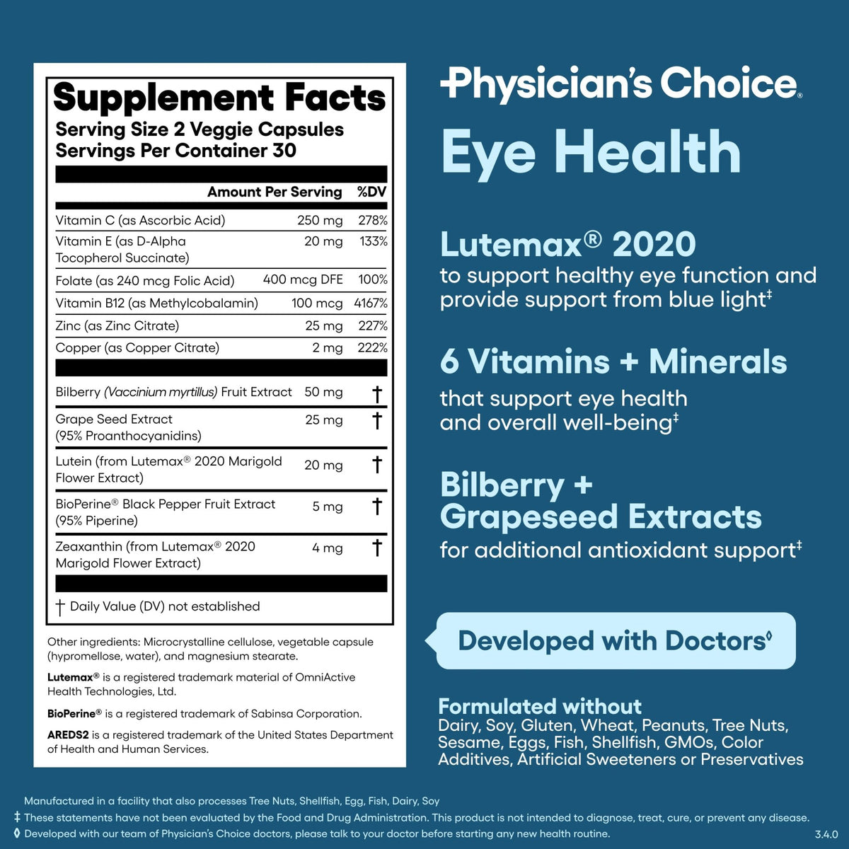 Physician's Choice Eye Health - Lutein, Zeaxanthin & Bilberry Extract - Supports Eye Strain, Dry Eyes, and Vision Health - 2 Award-Winning Clinically Proven Eye Vitamin Ingredients - Carotenoid Blend - FENGGESTORE20