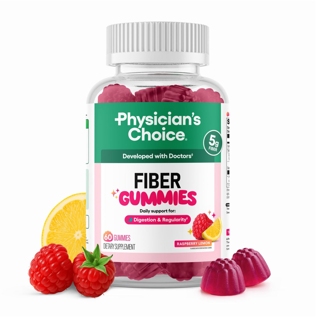 Physician’s Choice Fiber Gummies for Digestive Health & Regularity - Raspberry Lemon Flavor - No Sugar Added & Vegan - Natural Chicory Root Prebiotic Fiber - FENGGESTORE20