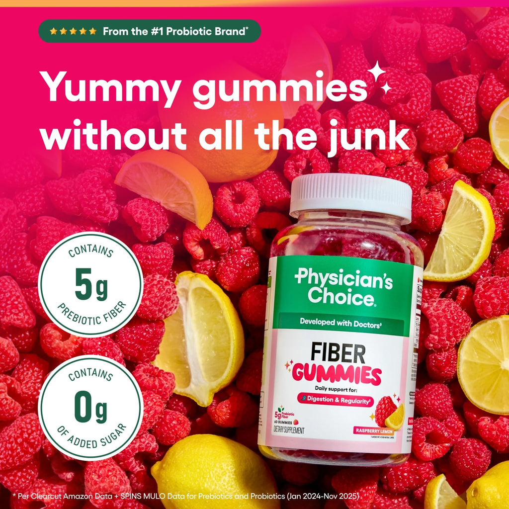 Physician’s Choice Fiber Gummies for Digestive Health & Regularity - Raspberry Lemon Flavor - No Sugar Added & Vegan - Natural Chicory Root Prebiotic Fiber - FENGGESTORE20
