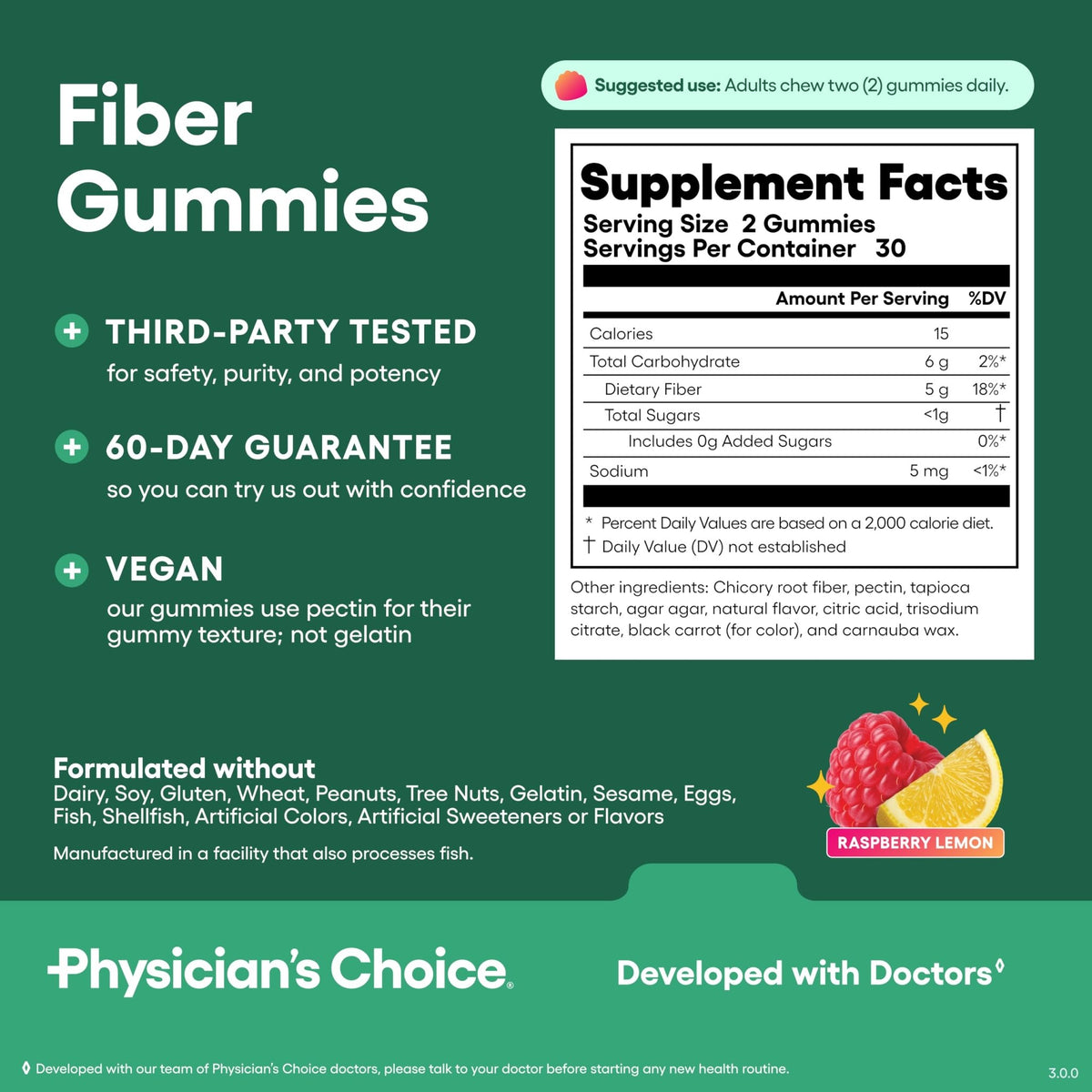 Physician’s Choice Fiber Gummies for Digestive Health & Regularity - Raspberry Lemon Flavor - No Sugar Added & Vegan - Natural Chicory Root Prebiotic Fiber - FENGGESTORE20