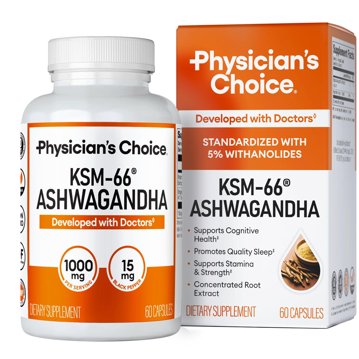 Physician's CHOICE KSM-66 Ashwagandha Root Powder Extract 1,000mg - Organic - with Black Pepper for Maximum Absorption - 5% Withanolides - FENGGESTORE20
