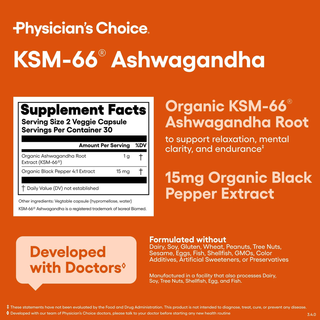 Physician's CHOICE KSM-66 Ashwagandha Root Powder Extract 1,000mg - Organic - with Black Pepper for Maximum Absorption - 5% Withanolides - FENGGESTORE20