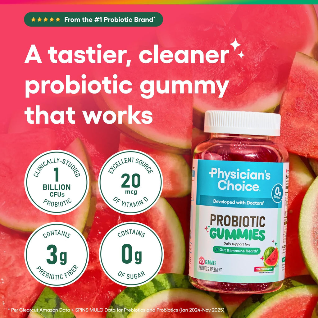 Physician's CHOICE Probiotic Gummies with Vitamin D & Prebiotic Fiber - Sugar Free - 1B CFUs of Clinically Studied Probiotic - Supports Immune & Gut Health - FENGGESTORE20