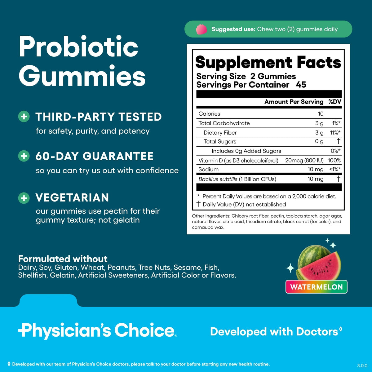 Physician's CHOICE Probiotic Gummies with Vitamin D & Prebiotic Fiber - Sugar Free - 1B CFUs of Clinically Studied Probiotic - Supports Immune & Gut Health - FENGGESTORE20