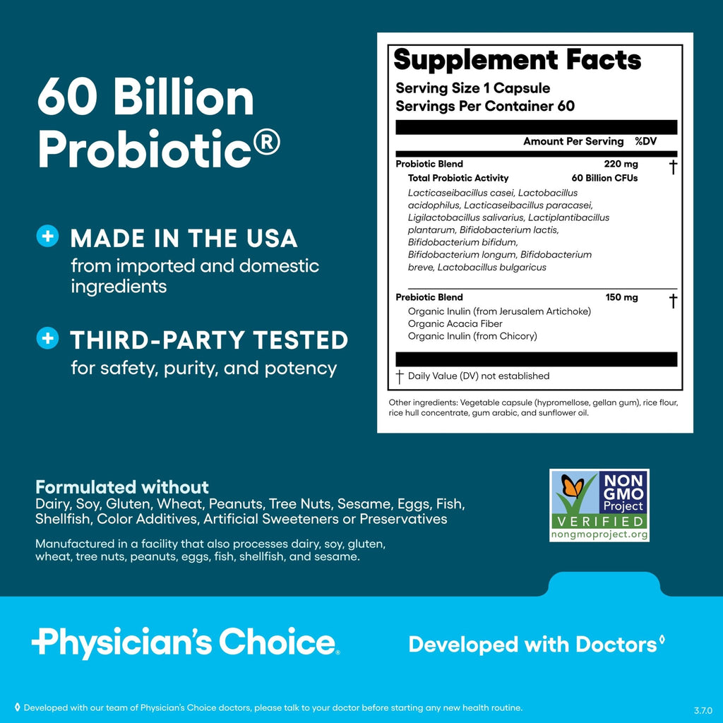 Physician's CHOICE Probiotics 60 Billion CFU - 10 Strains + Organic Prebiotics - Immune, Digestive & Gut Health - Supports Occasional Constipation, Diarrhea, Gas & Bloating - FENGGESTORE20