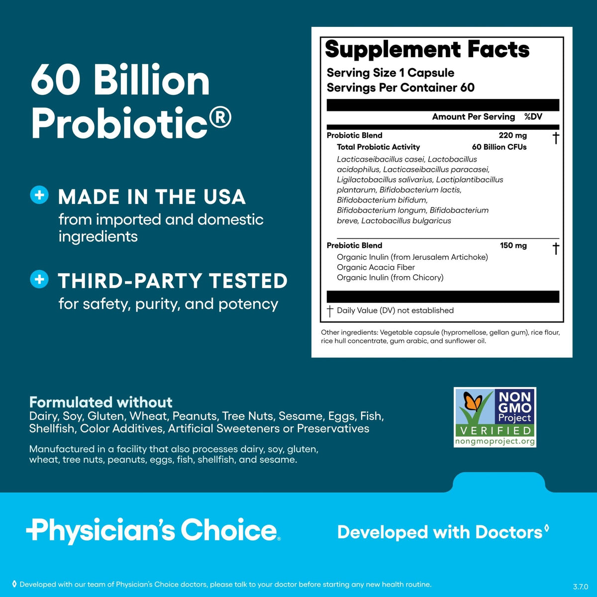 Physician's CHOICE Probiotics 60 Billion CFU - 10 Strains + Organic Prebiotics - Immune, Digestive & Gut Health - Supports Occasional Constipation, Diarrhea, Gas & Bloating - FENGGESTORE20
