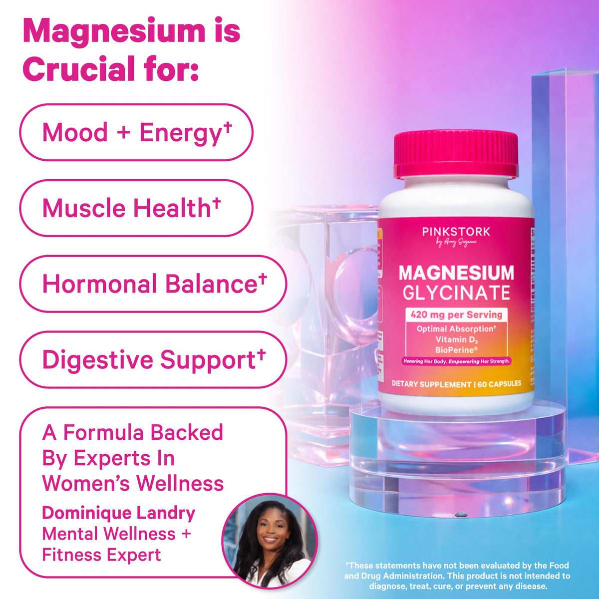 Pink Stork Magnesium Glycinate with Vitamin D - Magnesium Supplement for Women to Support Natural Calm, Mood, and Sleep - Hormone Balance for Women - FENGGESTORE20