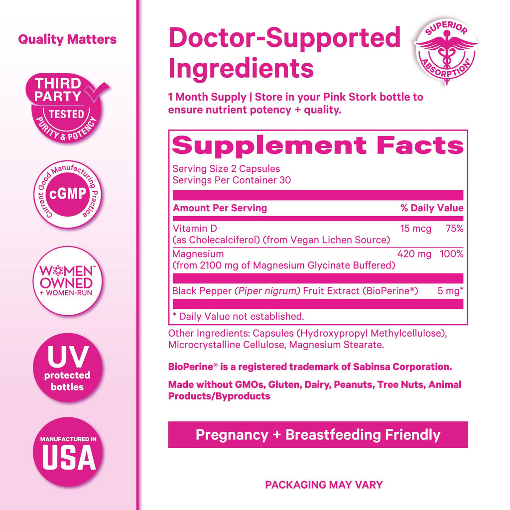 Pink Stork Magnesium Glycinate with Vitamin D - Magnesium Supplement for Women to Support Natural Calm, Mood, and Sleep - Hormone Balance for Women - FENGGESTORE20