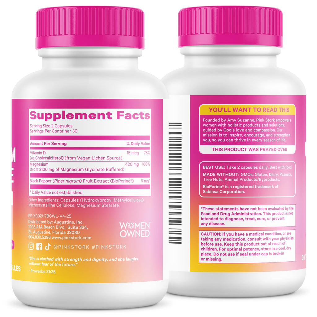 Pink Stork Magnesium Glycinate with Vitamin D - Magnesium Supplement for Women to Support Natural Calm, Mood, and Sleep - Hormone Balance for Women - FENGGESTORE20
