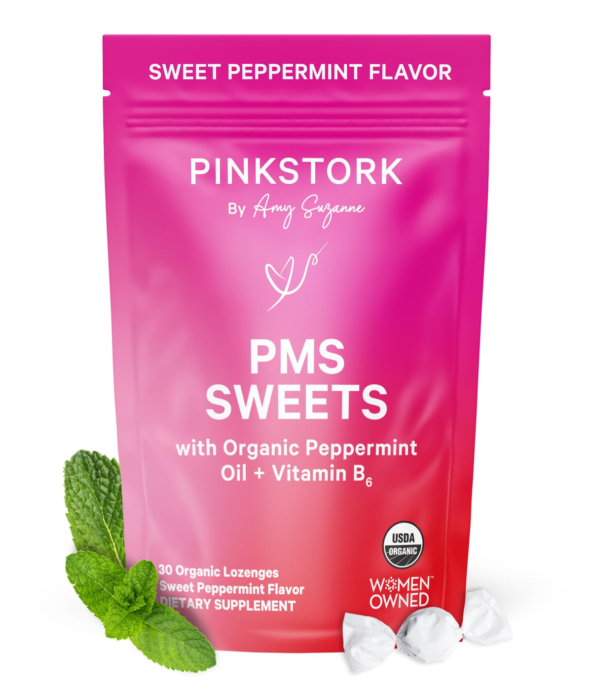 Pink Stork Organic PMS Support Sweets for Teens and Women - Simple & Natural Ingredients Vitamin B6 and Peppermint - Period, Digestion, Bloating, Mood Swings - 30 Drops - FENGGESTORE20