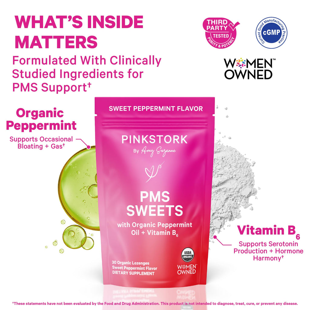 Pink Stork Organic PMS Support Sweets for Teens and Women - Simple & Natural Ingredients Vitamin B6 and Peppermint - Period, Digestion, Bloating, Mood Swings - 30 Drops - FENGGESTORE20