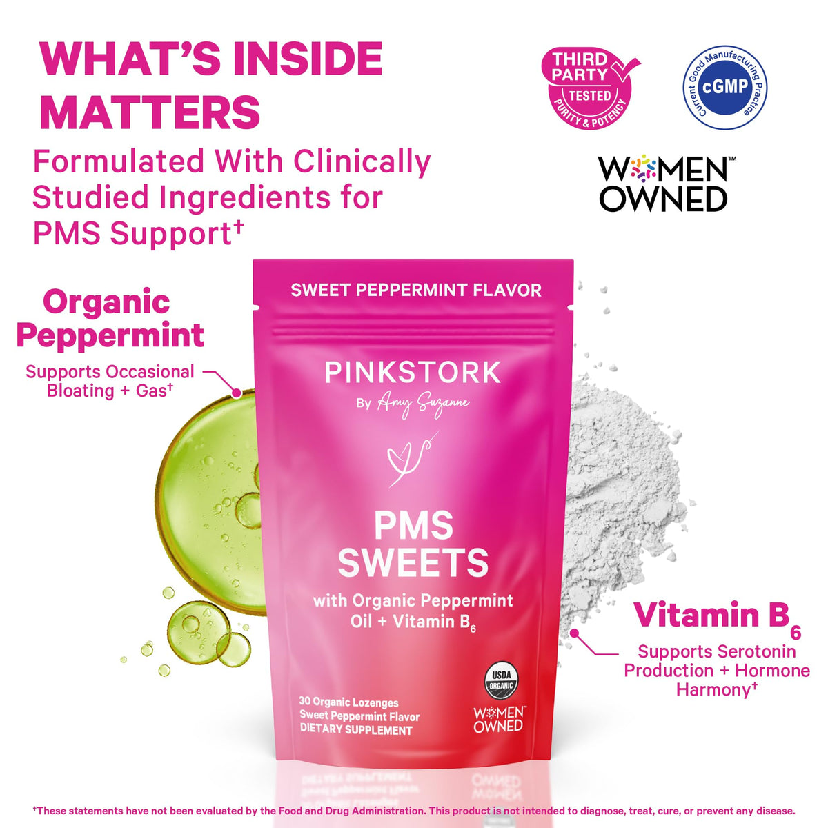 Pink Stork Organic PMS Support Sweets for Teens and Women - Simple & Natural Ingredients Vitamin B6 and Peppermint - Period, Digestion, Bloating, Mood Swings - 30 Drops - FENGGESTORE20