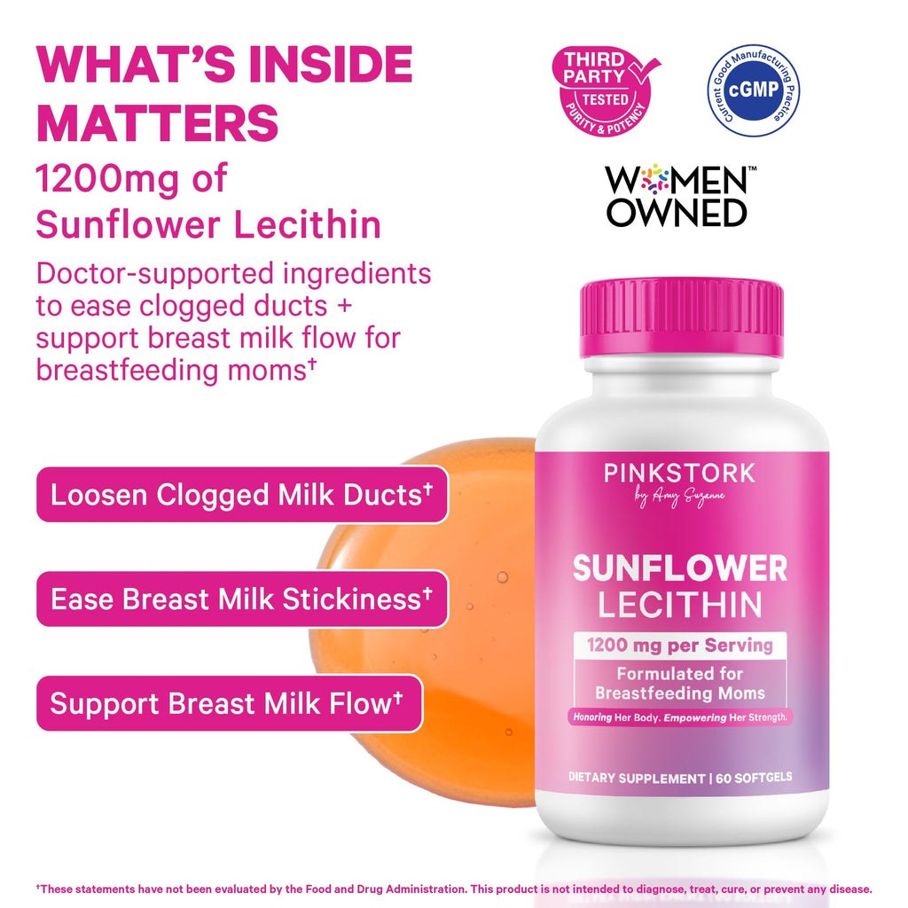 Pink Stork Sunflower Lecithin Supplement - 1200 mg for Clogged Milk Ducts - Breastfeeding Essentials for Postpartum Moms - FENGGESTORE20